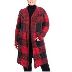 Joseph A. Drape Collar Coatigan Sweater Red & Black Plaid